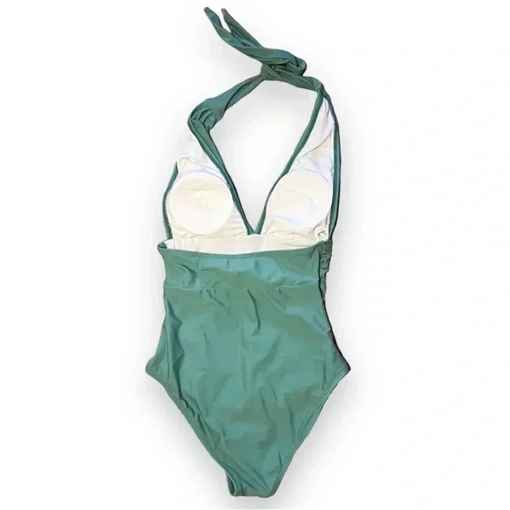 Cupshe XS Green One-Piece Halter Tie Bathing Suit - Picture 5 of 7